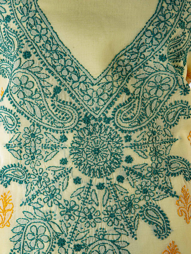 Seva Chikan Hand Embroidered Light Yellow Cotton Lucknowi Chikan Unstitched Suit Piece-SCL1493