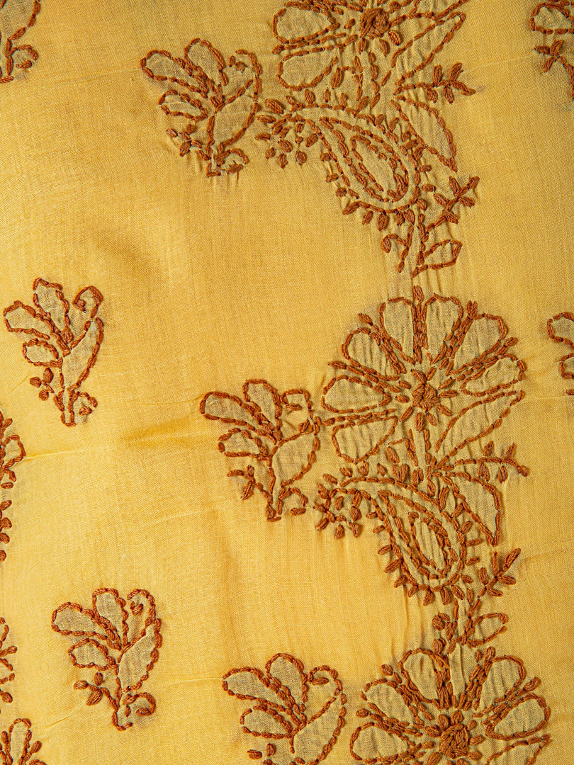 Seva Chikan Hand Embroidered Golden Yellow Cotton Lucknowi Chikan Unstitched Suit Piece-SCL1495