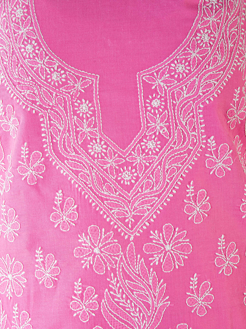 Seva Chikan Hand Embroidered Dark Pink Cotton Lucknowi Chikan Unstitched Suit Piece-SCL1496