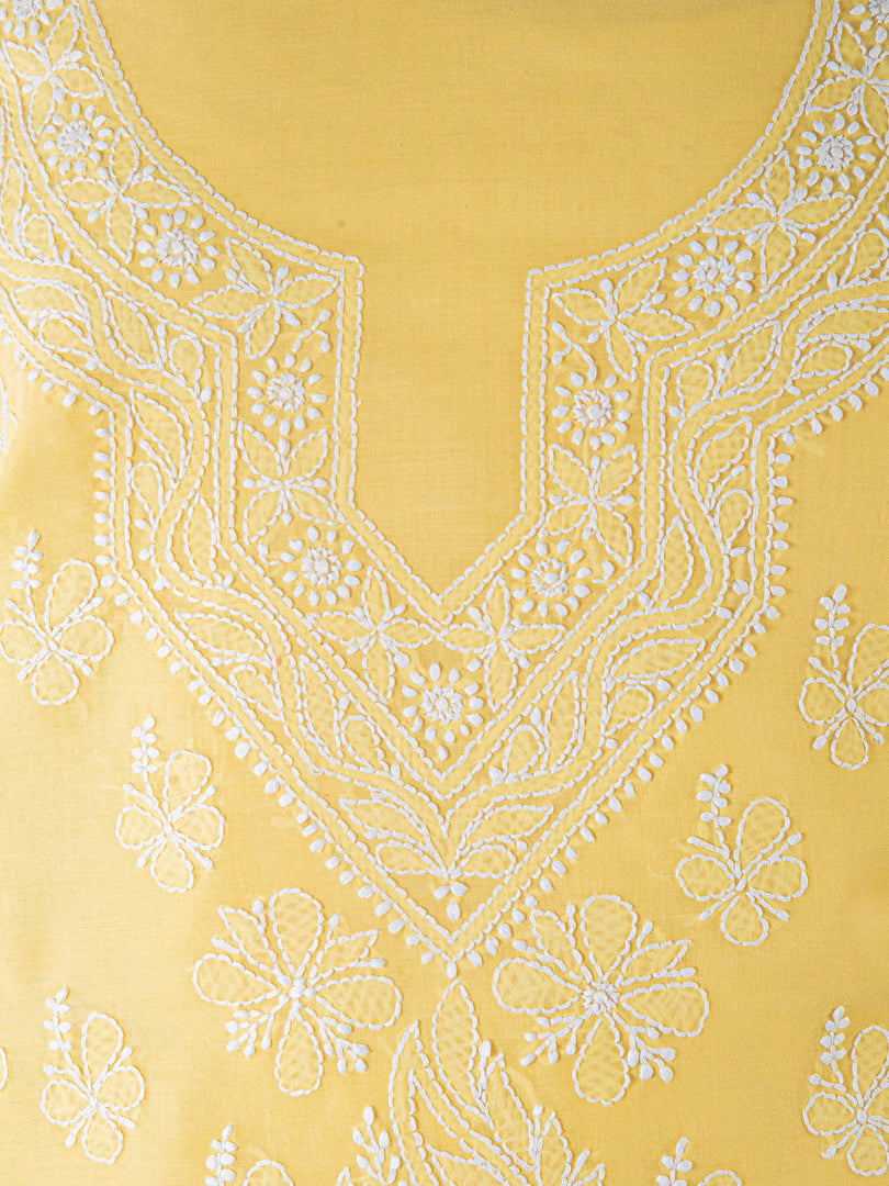 Seva Chikan Hand Embroidered Yellow Cotton Lucknowi Chikan Unstitched Suit Piece SCL1498