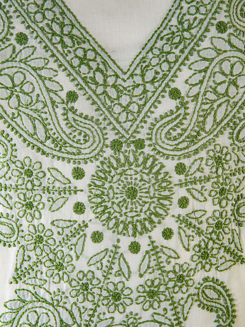 Seva Chikan Hand Embroidered Off White Cotton Lucknowi Chikan Unstitched Suit Piece-SCL1505