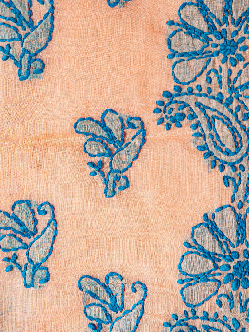 Seva Chikan Hand Embroidered Peach Cotton Lucknowi Chikan Unstitched Suit Piece-SCL1507