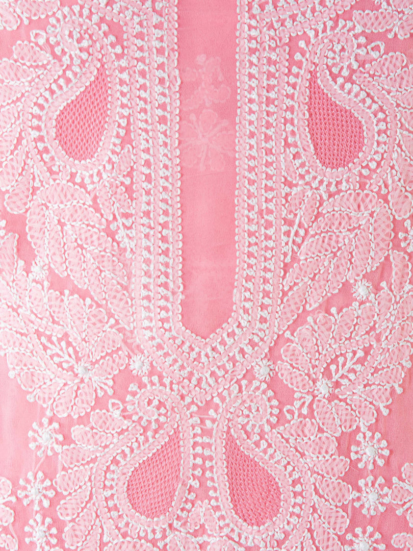 Seva Chikan Hand Embroidered Pink Cotton Lucknowi Chikan Unstitched Suit Piece-SCL1508