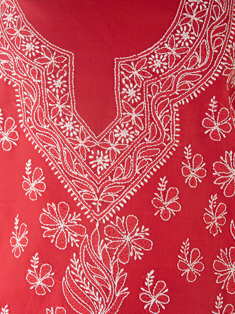 Seva Chikan Hand Embroidered Red Cotton Lucknowi Chikan Unstitched Suit Piece-SCL1510