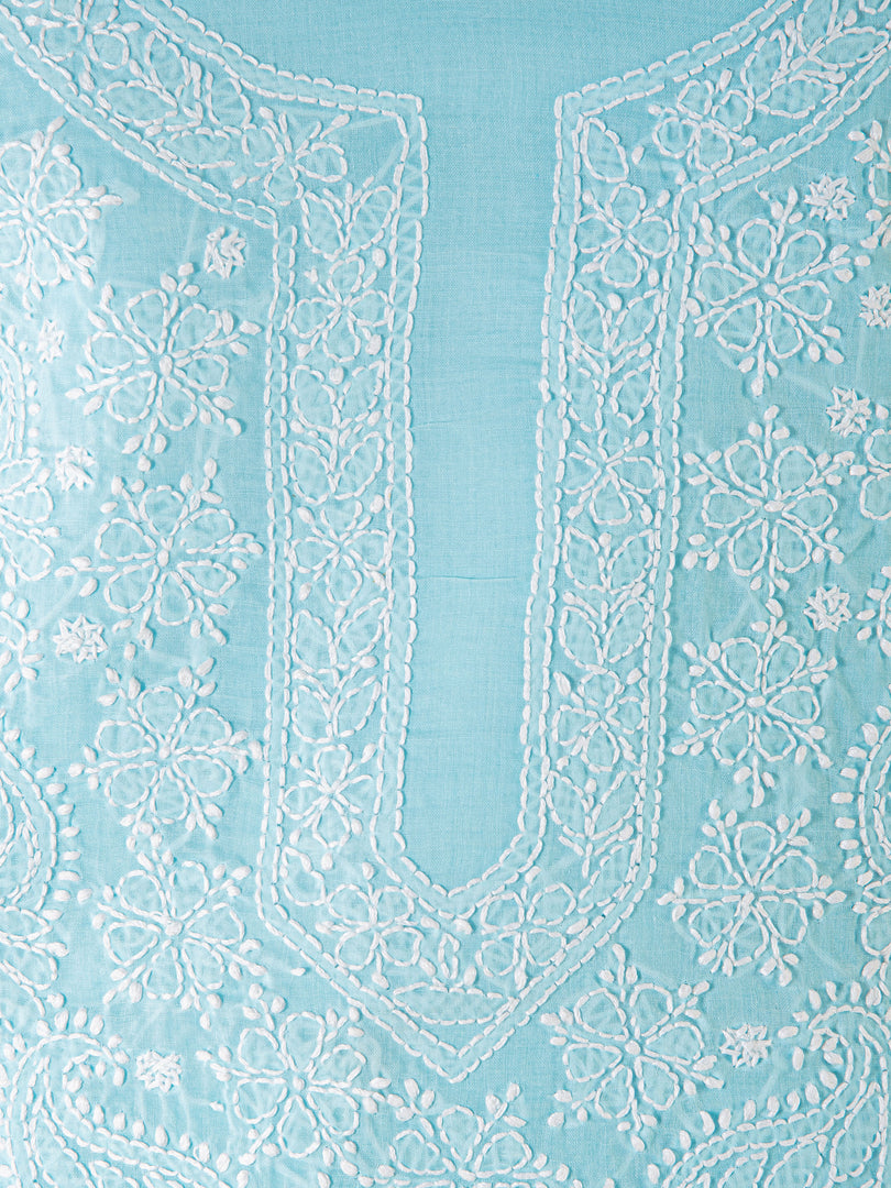 Seva Chikan Hand Embroidered Sky Blue Cotton Lucknowi Chikan Unstitched Suit Piece-SCL1512