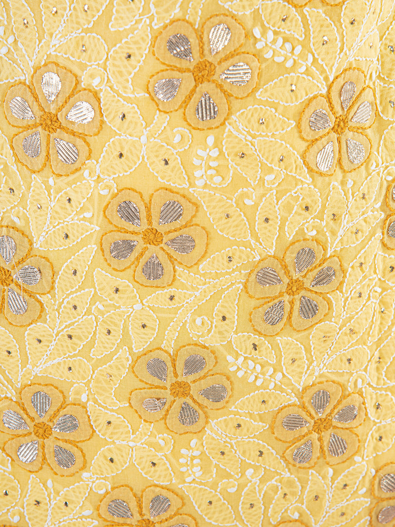 Seva Chikan Hand Embroidered Golden Yellow Cotton Lucknowi Chikan Unstitched Suit Piece-SCL1542