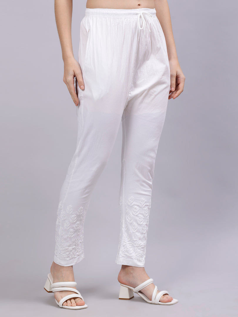 Seva Chikan Hand Embroidered White Lycra Lucknowi Chikankari Palazzo-SCL11032