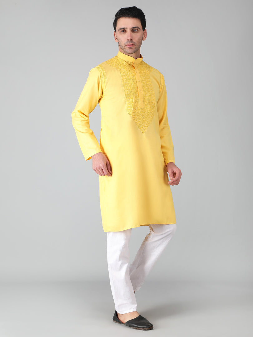 Seva Chikan Hand Embroidered Cotton Lucknowi Chikan Mens Kurta