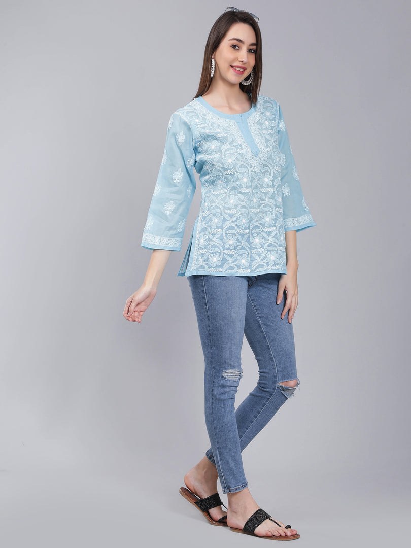 Seva Chikan Hand Embroidered Terivoil Cotton Lucknowi Chikan Top