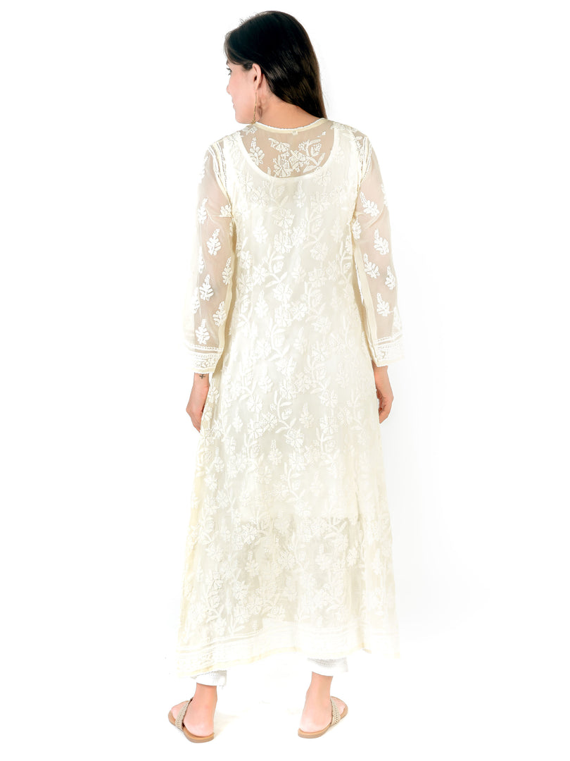 Seva Chikan Hand Embroidered Beige Georgette Lucknowi Chikankari Anarkali-SCL1337