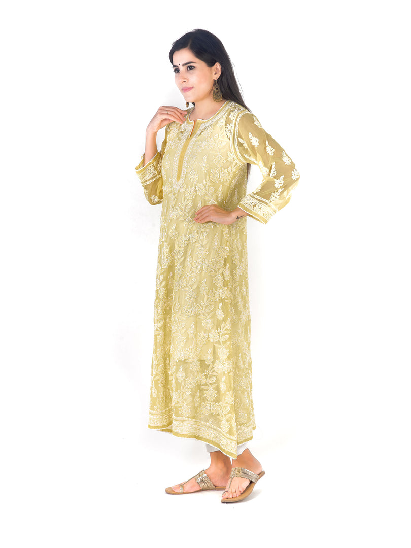 Seva Chikan Hand Embroidered Yellow Georgette Lucknowi Chikankari Anarkali-SCL1348