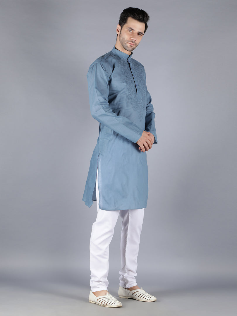 Seva Chikan Hand Embroidered Lucknowi Chikan Mens Kurta