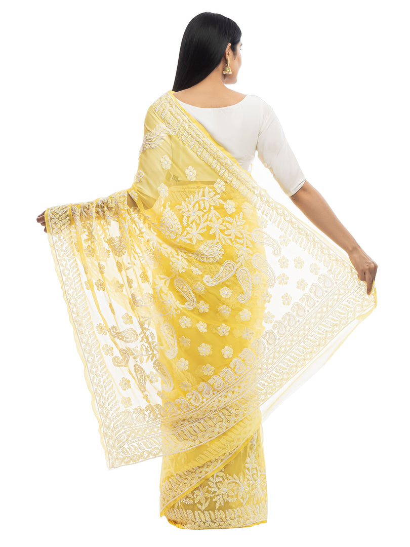 Seva Chikan Hand Embroidered Yellow Georgette Lucknowi Saree With Pearl Work-SCL1989