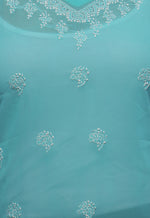 Load image into Gallery viewer, Seva Chikan Hand Embroidered Turquoise Georgette Lucknowi Chikankari Short Top- SCL0161