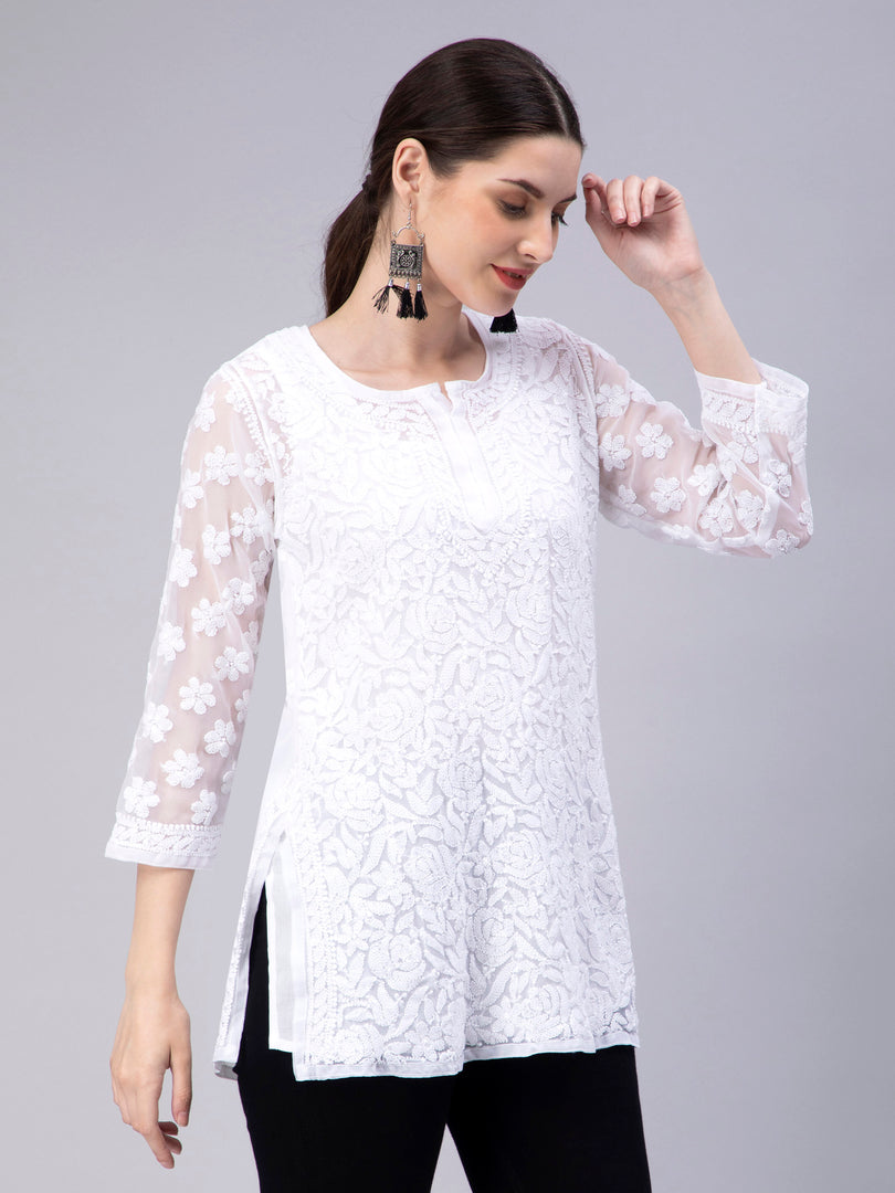 Seva Chikan Hand Embroidered Georgette Lucknowi Chikan Top With Slip
