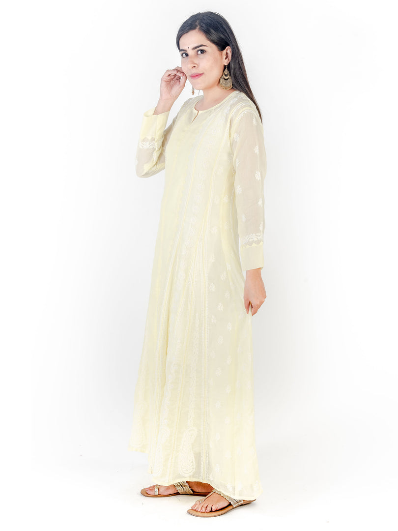 Seva Chikan Hand Embroidered Yellow Cotton Lucknowi Chikankari Anarkali-SCL1770