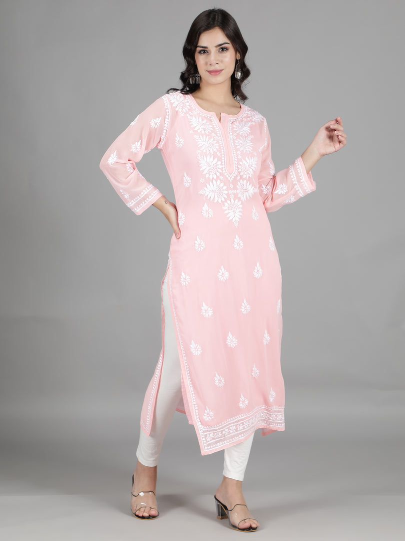 Seva Chikan Hand Embroidered Georgette Lucknowi Chikan Kurti With Slip