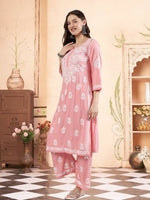 Load image into Gallery viewer, Seva Chikan Hand Embroidered Peach Rayon Lucknowi Chikankari Kurta Set SCL8046