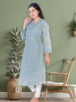 Load image into Gallery viewer, Seva Chikan Hand Embroidered Grey Cotton Lucknowi Chikan Kurti SCL1215