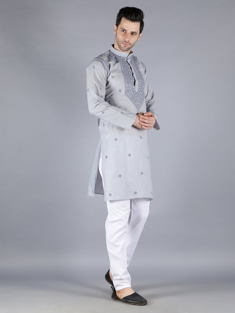 Seva Chikan Hand Embroidered Cotton Lucknowi Chikan Mens Stitched Kurta