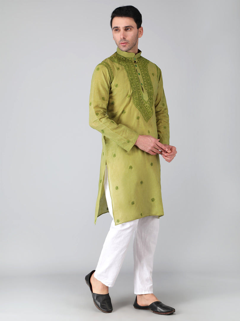 Seva Chikan Hand Embroidered Cotton Lucknowi Chikan Mens Stitched Kurta