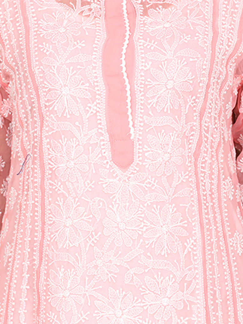 Seva Chikan Hand Embroidered Light Peach Georgette Lucknowi Chikankari Anarkali-SCL0534