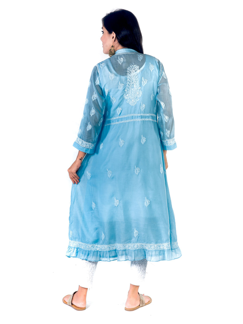 Seva Chikan Hand Embroidered Sky Blue Cotton Lucknowi Chikankari Sarag-SCL1368