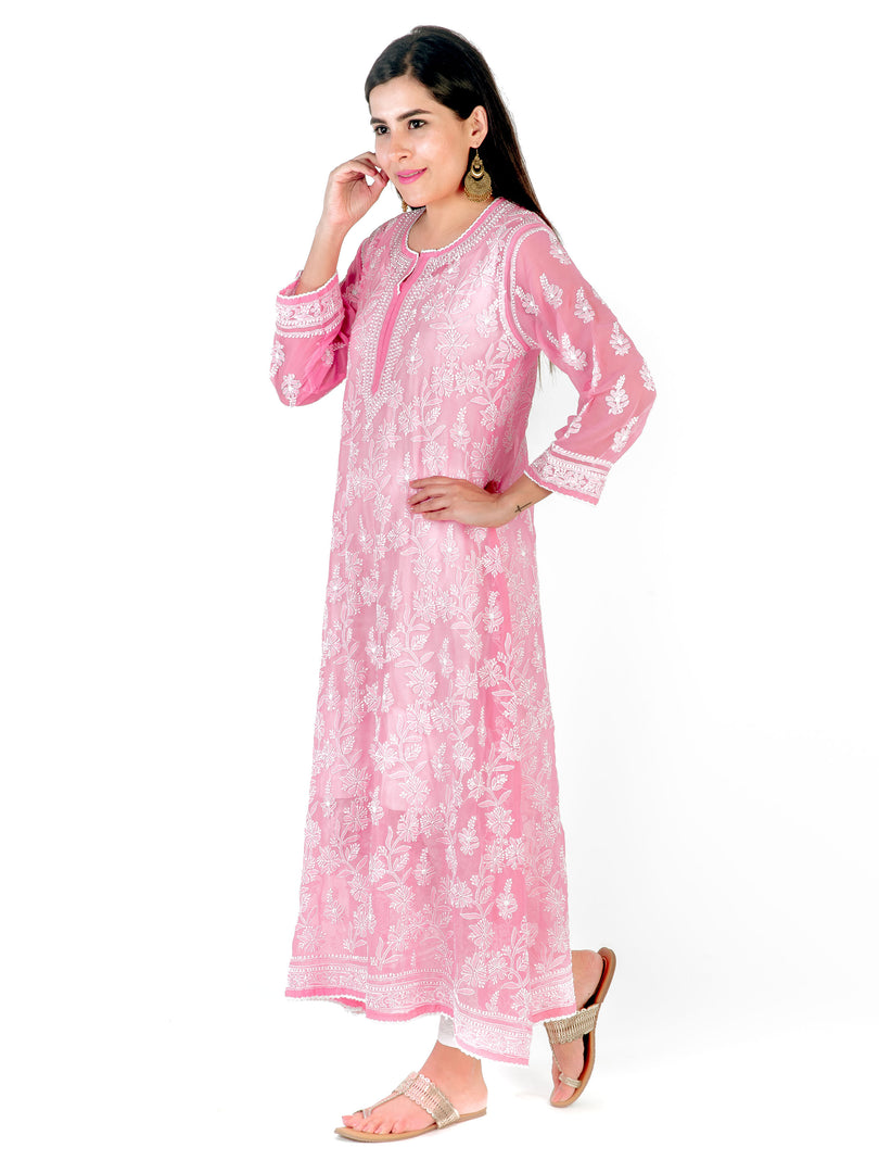 Seva Chikan Hand Embroidered Pink Georgette Lucknowi Chikankari Anarkali-SCL1288