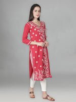 Load image into Gallery viewer, Seva Chikan Hand Embroidered Red Cotton Chikankari Angarkha Style Kurta