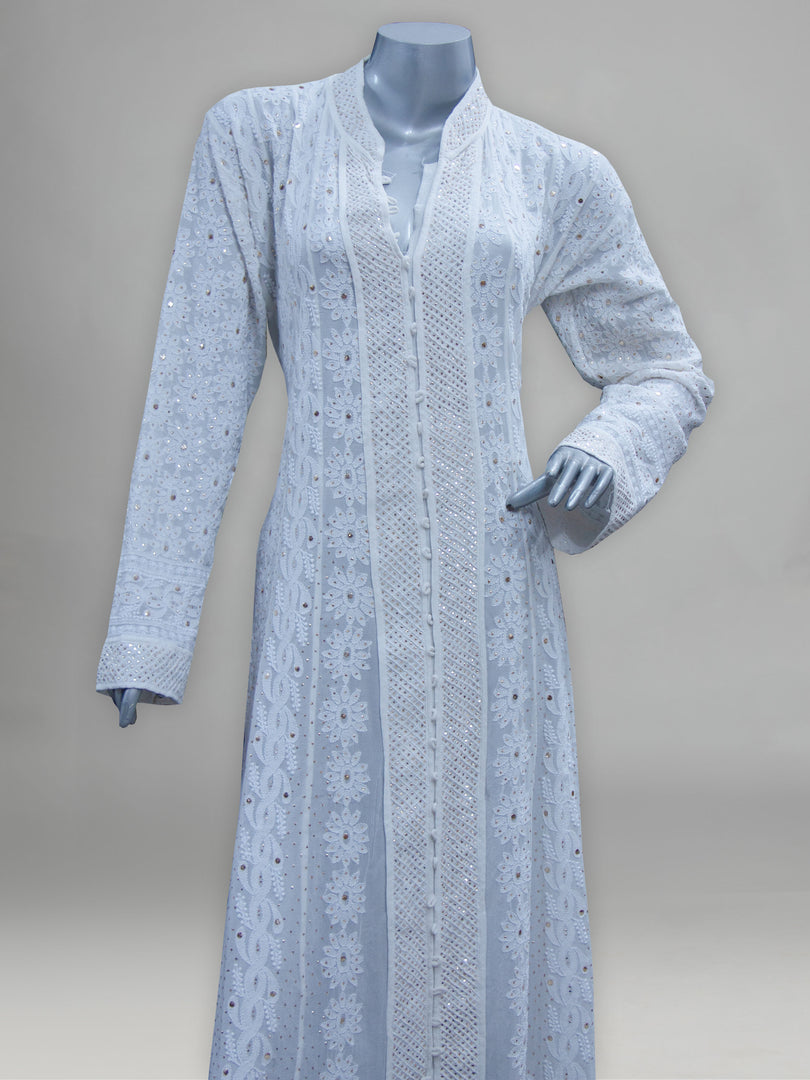 Seva Chikan Hand Embroidered White Pure Georgette Lucknowi Chikankari Semi-Stitched Anarkali & Dupatta With Mukaish Work-SCL0879