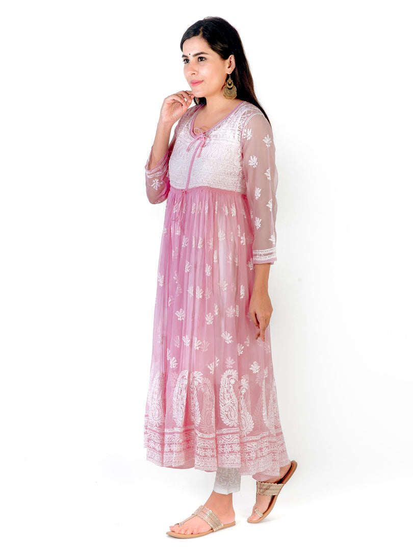 Seva Chikan Hand Embroidered Pink Georgette Lucknowi Chikankari Anarkali-SCL1319