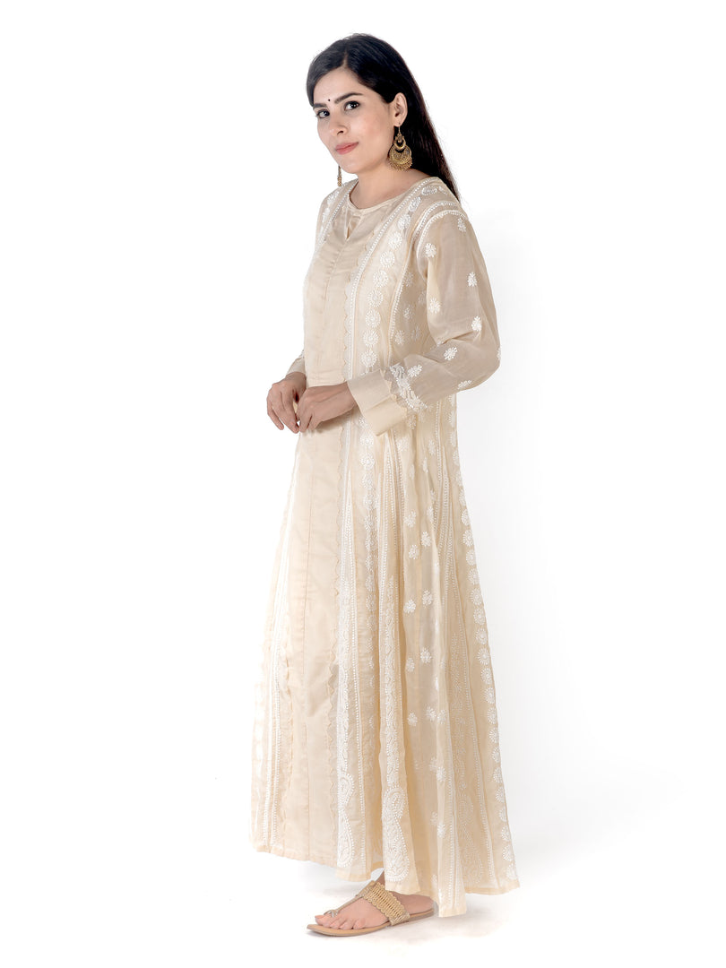 Seva Chikan Hand Embroidered Khaki Cotton Lucknowi Chikankari Anarkali-SCL1768