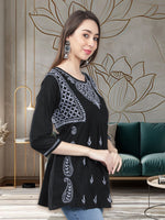 Load image into Gallery viewer, Seva Chikan Hand Embroidered Black Cotton Lucknowi Chikankari Top