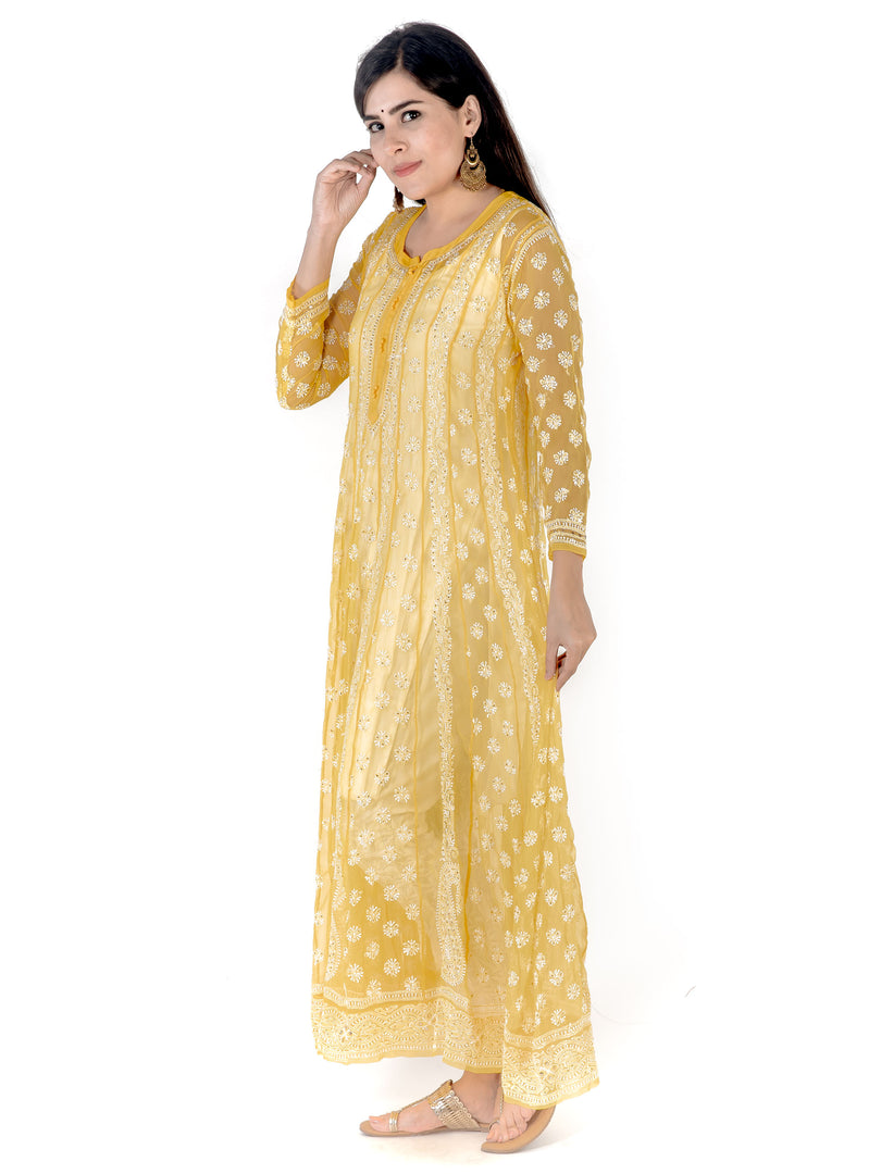 Seva Chikan Hand Embroidered Yellow Georgette Lucknowi Chikankari Anarkali-SCL1364