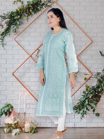 Load image into Gallery viewer, Seva Chikan Hand Embroidered Turquoise Cotton Luckowi Chikan Kurti SCL1213