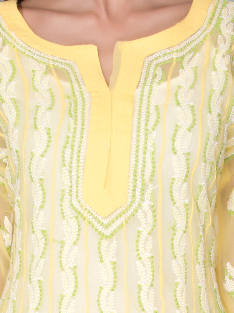 Seva Chikan Hand Embroidered Yellow Faux Georgette Lucknowi Chikankari Anarkali Kurta-SCL0961