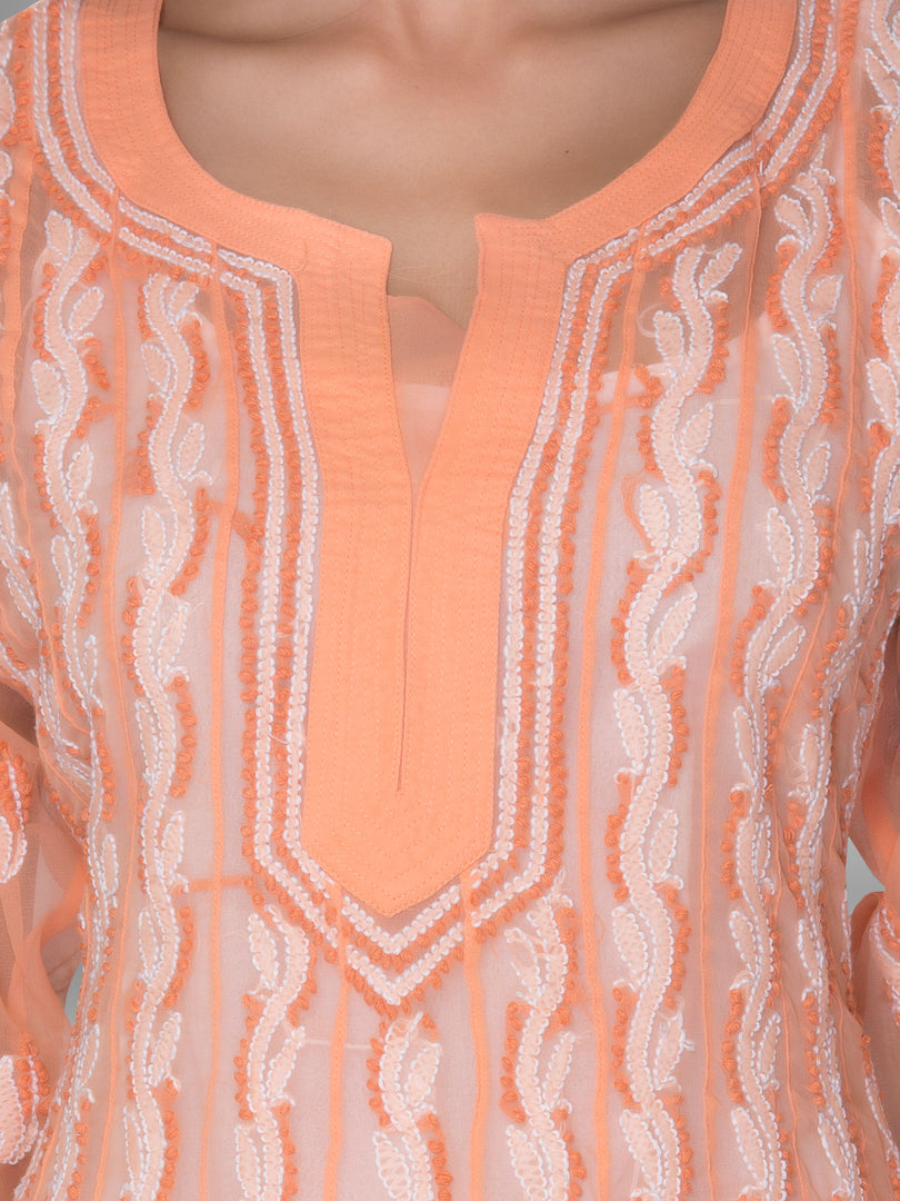 Seva Chikan Hand Embroidered Peach Faux Georgette Lucknowi Chikankari Anarkali Kurta-SCL0958