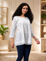 Load image into Gallery viewer, Seva Chikan Hand Embroidered White Cotton Lucknowi Chikankari Top SEV2000
