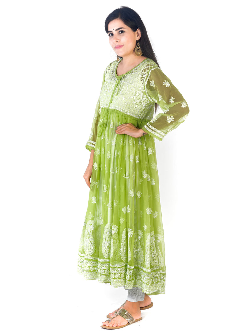 Seva Chikan Hand Embroidered Light Green Georgette Lucknowi Chikankari Anarkali-SCL1352