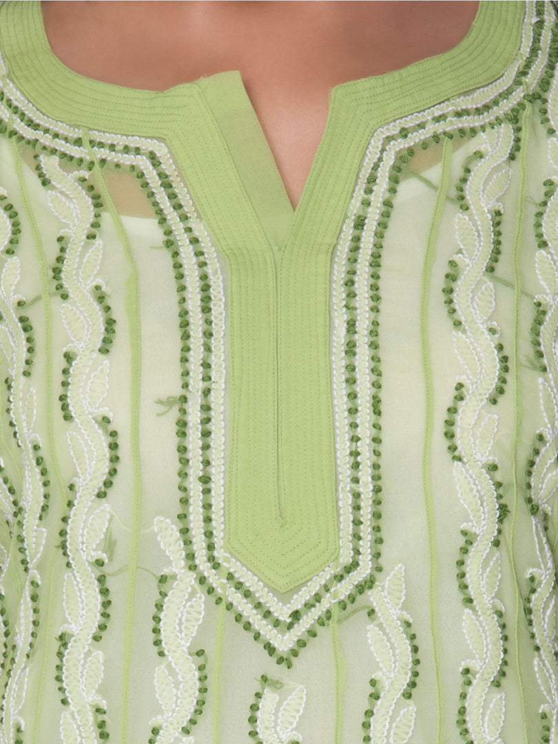 Seva Chikan Hand Embroidered Green Faux Georgette Lucknowi Chikankari Anarkali Kurta-SCL0957