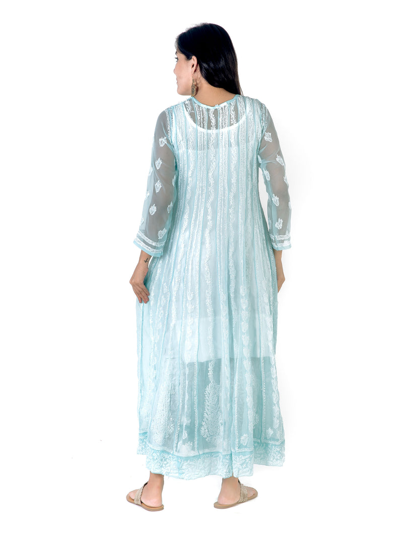 Seva Chikan Hand Embroidered Blue Georgette Lucknowi Chikankari Anarkali-SCL1338