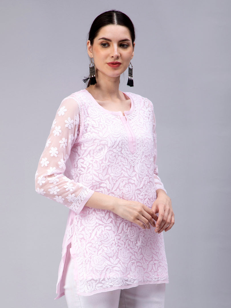 Seva Chikan Hand Embroidered Georgette Lucknowi Chikan Top With Slip