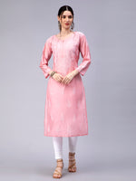Load image into Gallery viewer, Seva Chikan Hand Embroidered Pink Chanderi Lucknowi Chikan Kurti-SCL4327