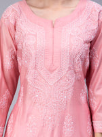 Load image into Gallery viewer, Seva Chikan Hand Embroidered Pink Chanderi Lucknowi Chikan Kurti-SCL4327