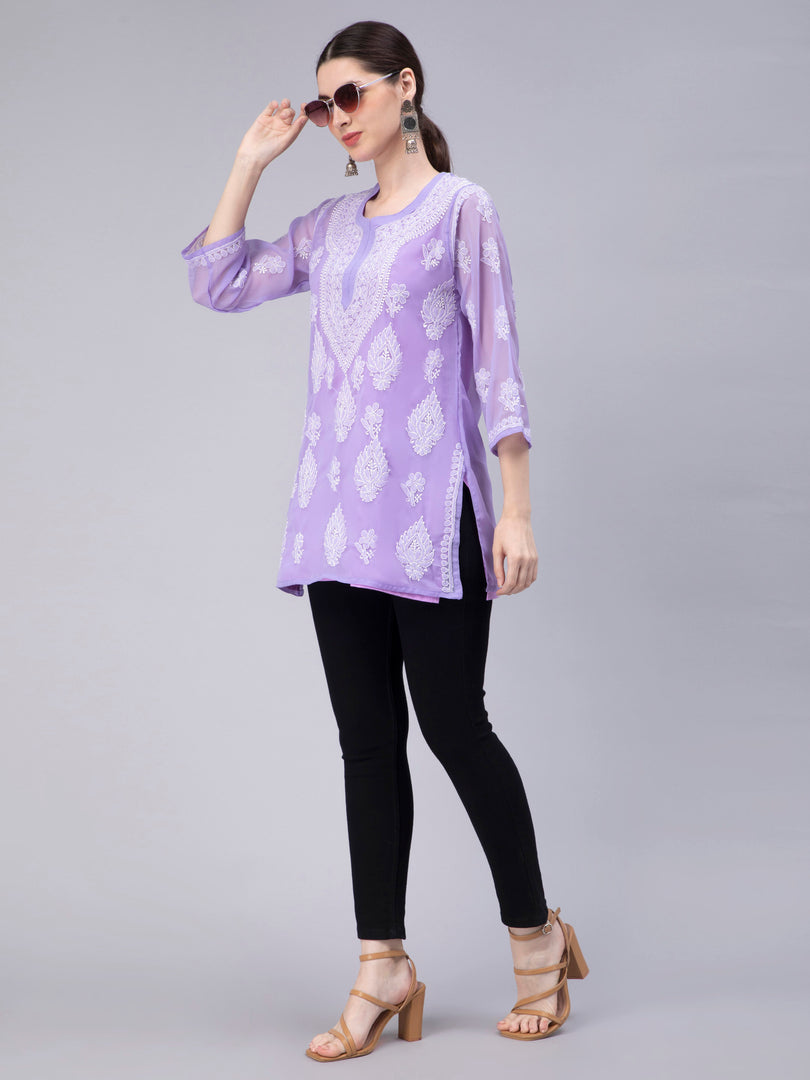 Seva Chikan Hand Embroidered Georgette Lucknowi Chikankari Top With Slip