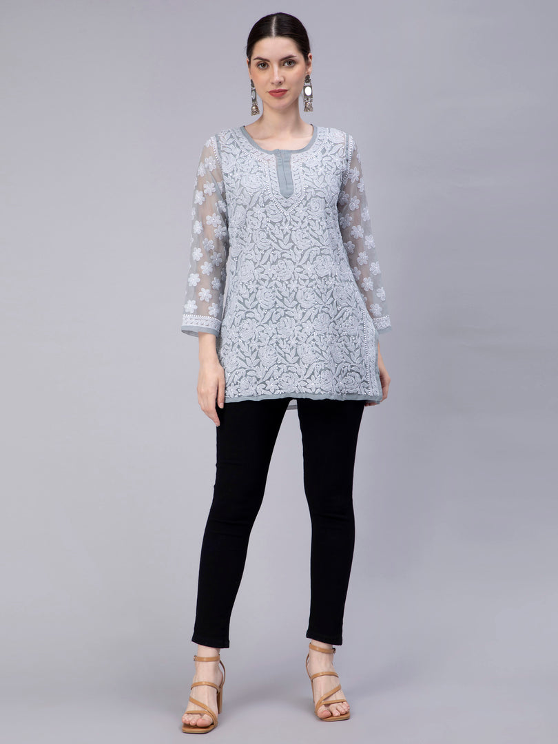Seva Chikan Hand Embroidered Georgette Lucknowi Chikan Top With Slip