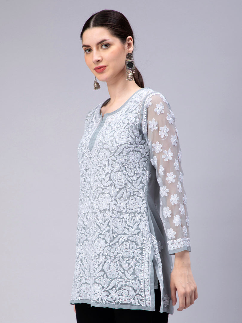 Seva Chikan Hand Embroidered Georgette Lucknowi Chikan Top With Slip