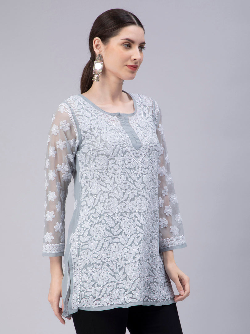 Seva Chikan Hand Embroidered Georgette Lucknowi Chikan Top With Slip
