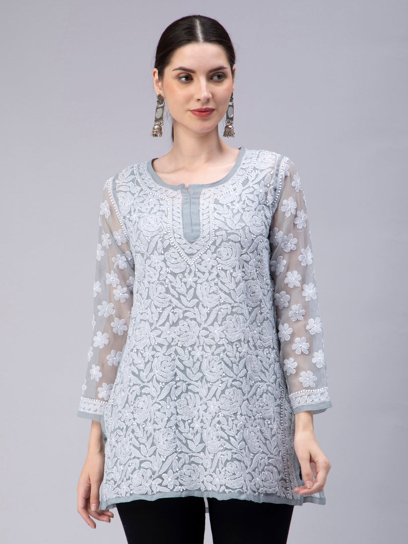 Seva Chikan Hand Embroidered Georgette Lucknowi Chikan Top With Slip
