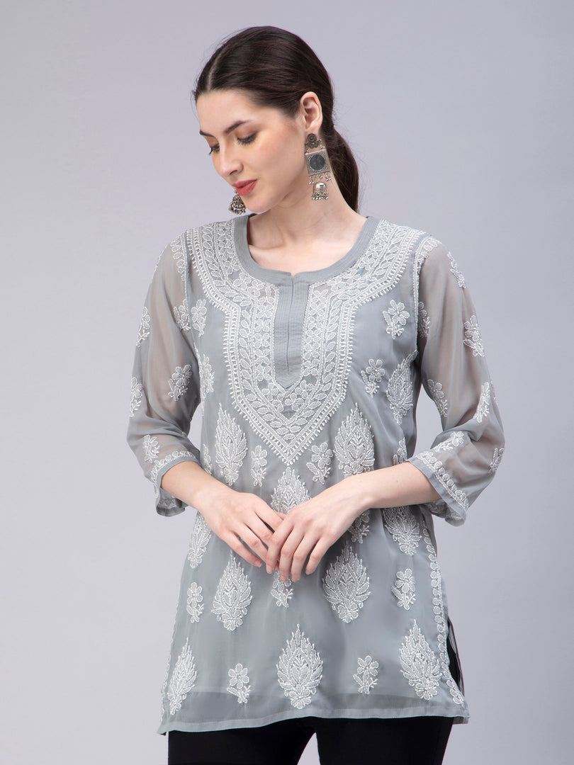 Seva Chikan Hand Embroidered Georgette Lucknowi Chikankari Top With Slip